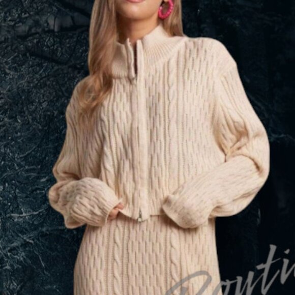 Snuggle Comfy High Neck Long Sleeve Zip Up Cardigan Maxi Skirt Sweater Set - Picture 2 of 12